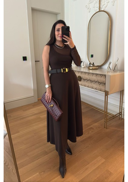 Örme Verevli Yandan Fermuarlı Etek- Kahverengi fiyatları