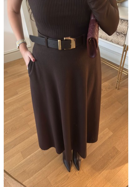 Örme Verevli Yandan Fermuarlı Etek- Kahverengi modelleri