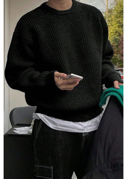 Erkek Siyah Regular Fit Bisiklet Yaka Örgülü Triko