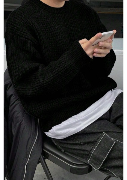 Erkek Siyah Regular Fit Bisiklet Yaka Örgülü Triko fiyatları