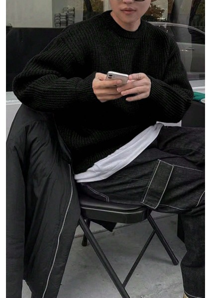 Erkek Siyah Regular Fit Bisiklet Yaka Örgülü Triko modelleri