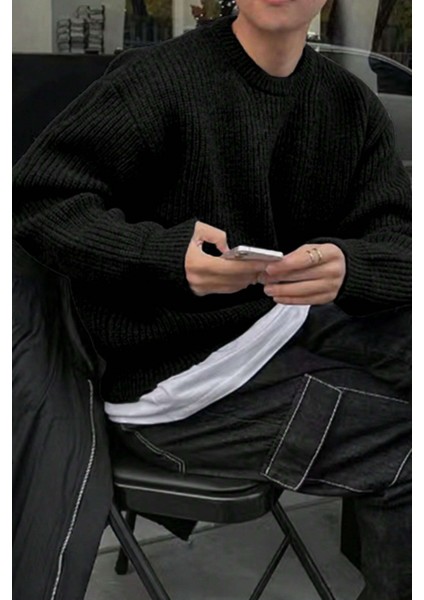 Erkek Siyah Regular Fit Bisiklet Yaka Örgülü Triko fırsatları