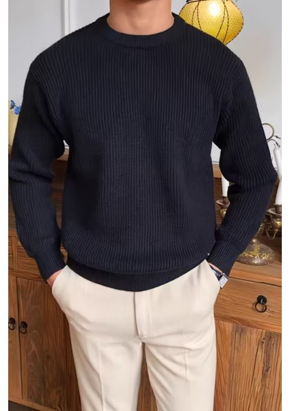 Erkek Siyah Regular Fit Bisiklet Yaka Örgülü Triko