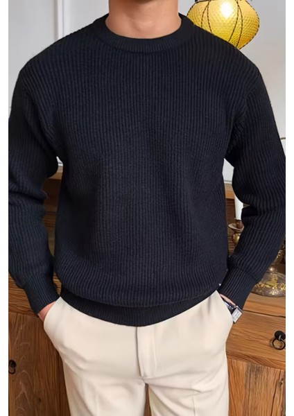 Erkek Siyah Regular Fit Bisiklet Yaka Örgülü Triko modelleri