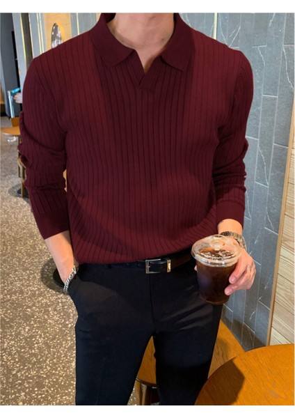 Bordo Erkek Polo Yaka Fitilli Triko Kazak