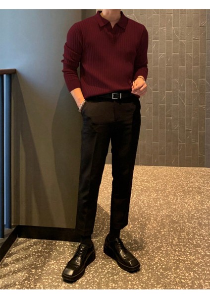 Bordo Erkek Polo Yaka Fitilli Triko Kazak fiyatları