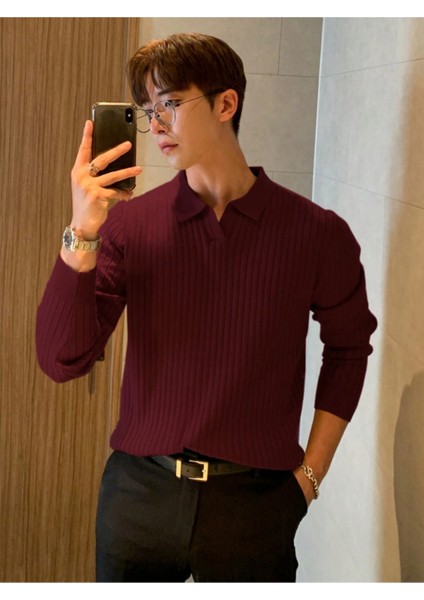 Bordo Erkek Polo Yaka Fitilli Triko Kazak modelleri