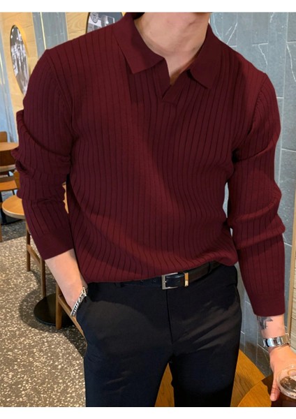 Bordo Erkek Polo Yaka Fitilli Triko Kazak fırsatları
