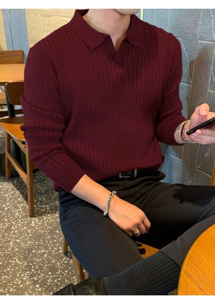 Bordo Erkek Polo Yaka Fitilli Triko Kazak indirimleri