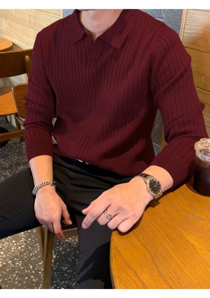 Bordo Erkek Polo Yaka Fitilli Triko Kazak