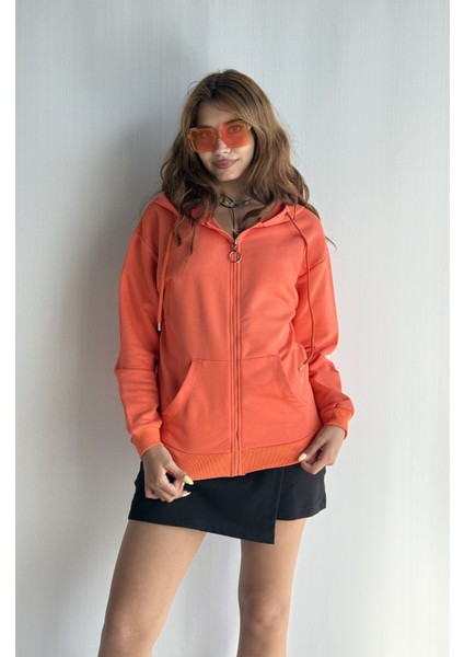 Kadın Kapüşonlu Fermuarlı Cep Detaylı Oversize Hırka Sweatshirt