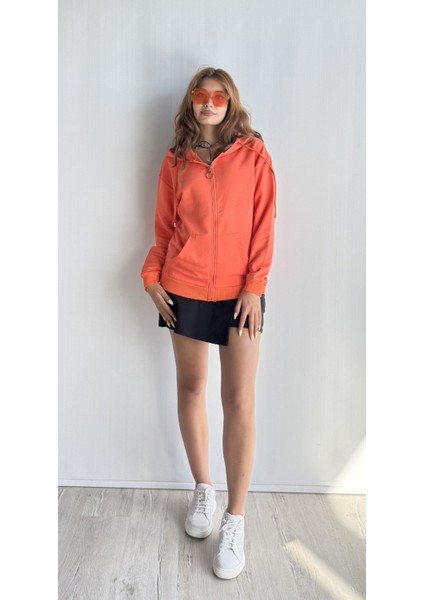 Kadın Kapüşonlu Fermuarlı Cep Detaylı Oversize Hırka Sweatshirt fiyatları