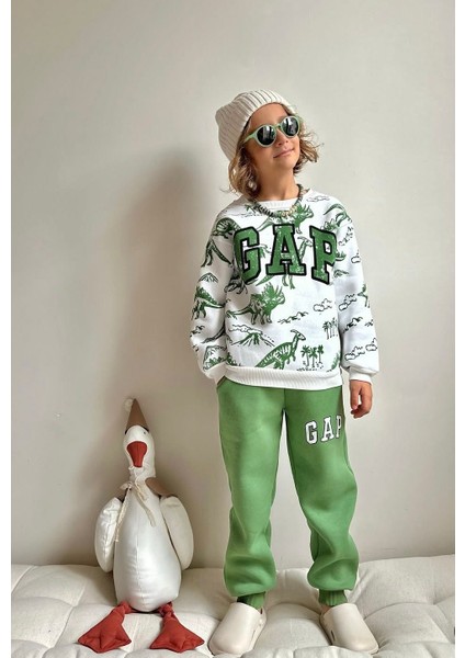 T-Rex Baskılı Yeşil Erkek Çocuk Alt Üst Takım 3 Iplik Şardonlu