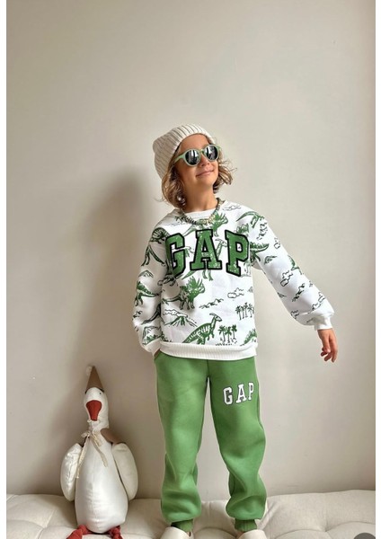 T-Rex Baskılı Yeşil Erkek Çocuk Alt Üst Takım 3 Iplik Şardonlu fiyatları