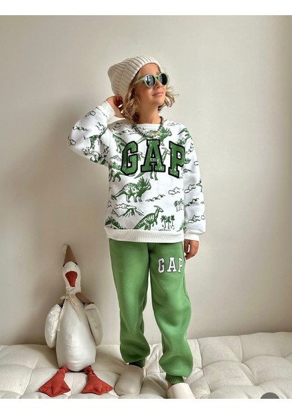 T-Rex Baskılı Yeşil Erkek Çocuk Alt Üst Takım 3 Iplik Şardonlu modelleri