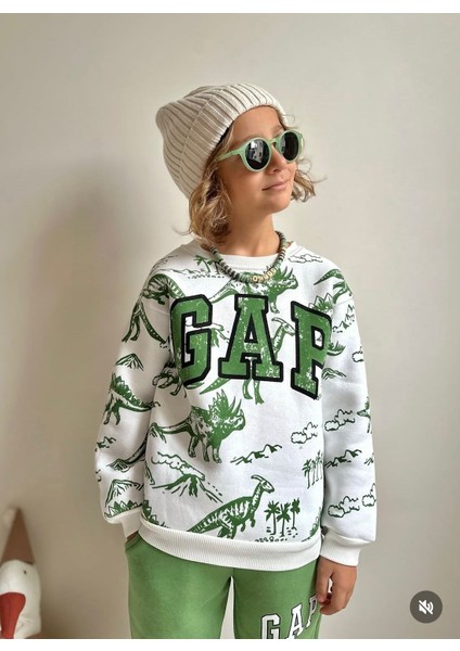 T-Rex Baskılı Yeşil Erkek Çocuk Alt Üst Takım 3 Iplik Şardonlu fırsatları