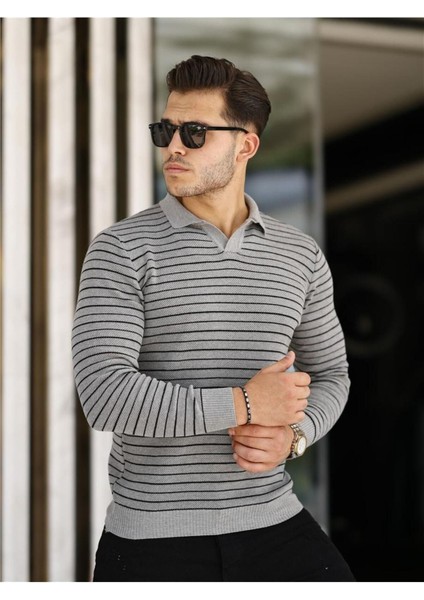 Gri Erkek Slim Fit Polo Yaka Patlı Triko KAZAK-TRZ19132R02S