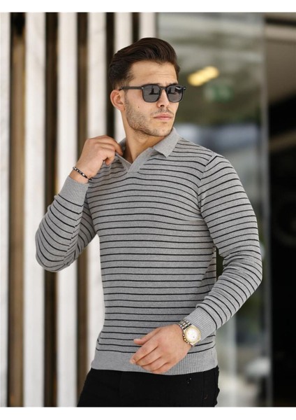 Gri Erkek Slim Fit Polo Yaka Patlı Triko KAZAK-TRZ19132R02S fiyatları