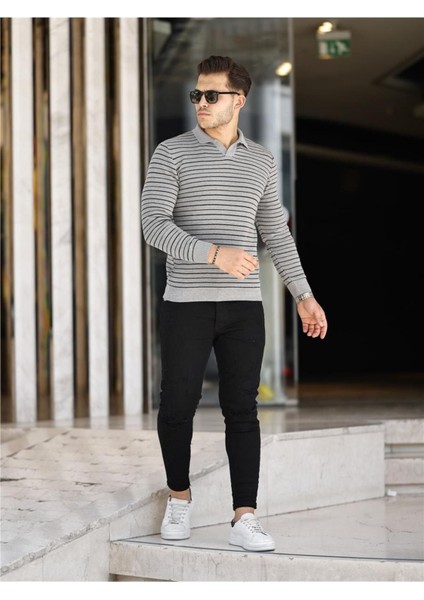 Gri Erkek Slim Fit Polo Yaka Patlı Triko KAZAK-TRZ19132R02S modelleri