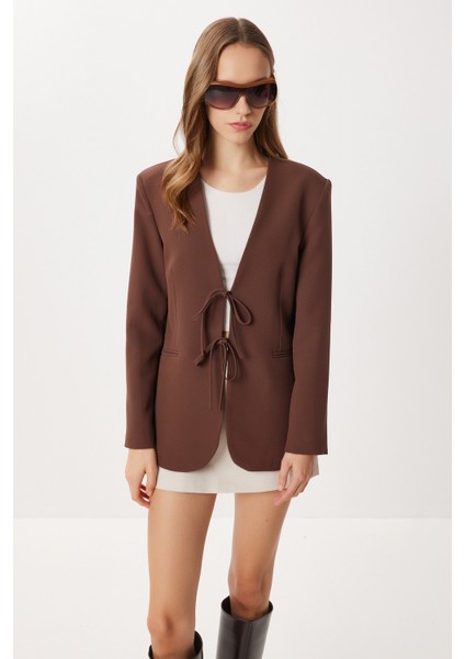 Fiyonk Detaylı Vatkalı Blazer Ceket LXA0016 Kahverengi