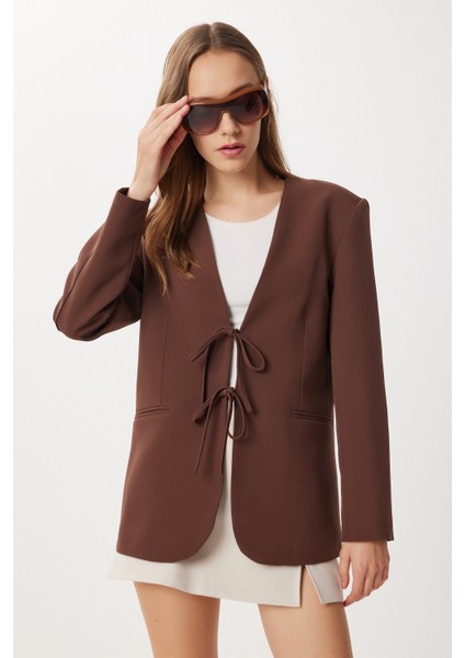Fiyonk Detaylı Vatkalı Blazer Ceket LXA0016 Kahverengi fiyatları