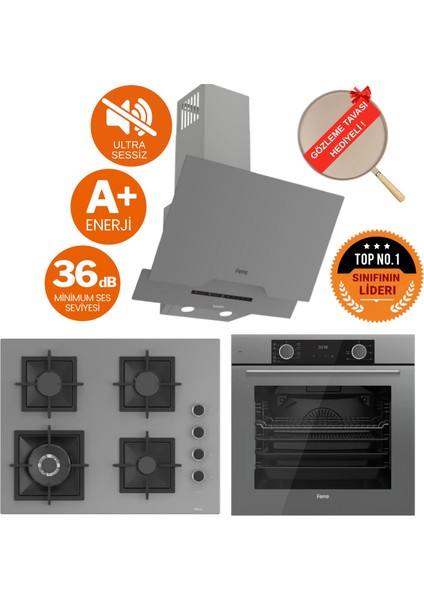 Fryart&silentart Essa / Sessiz Antrasit Gri Ankastre Set ( D065-SA + XE63CPR +SC408-WFA Wok)