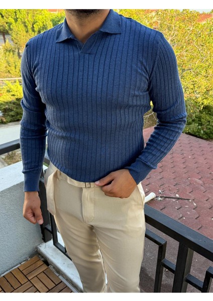 Saks Erkek Polo Yaka Fitilli Triko Kazak