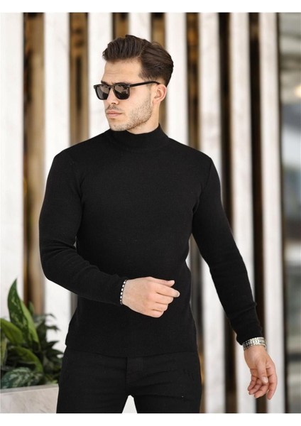 Siyah Erkek Slim Fit Yarım Balıkçı Fitilli Triko KAZAK-TRZ19158R01S