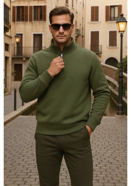 Erkek Kışlık Polo Yaka Haki Fermuarlı Sweatshirt fiyatları