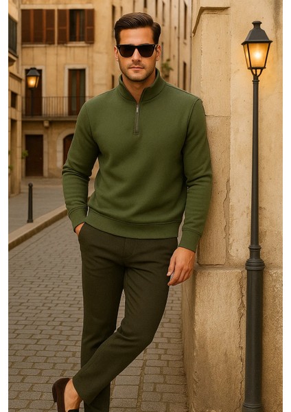 Erkek Kışlık Polo Yaka Haki Fermuarlı Sweatshirt modelleri