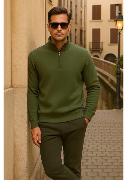 Erkek Kışlık Polo Yaka Haki Fermuarlı Sweatshirt fırsatları