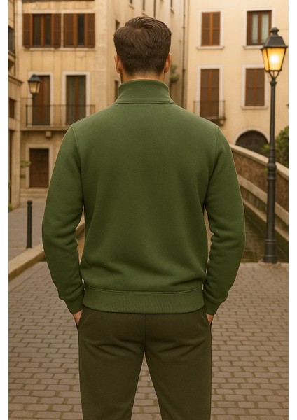 Erkek Kışlık Polo Yaka Haki Fermuarlı Sweatshirt