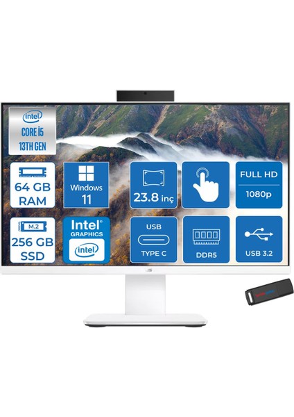 V440VAT Intel Core İ5-13420H 64GB Ddr5 256GB SSD 23.8" Fhd 75Hz 250NITS Dokunmatik WIN11HOMEBEYAZ Allınone Bilgisayar DI58512W0DH26+ZETTAUSBBELLEK