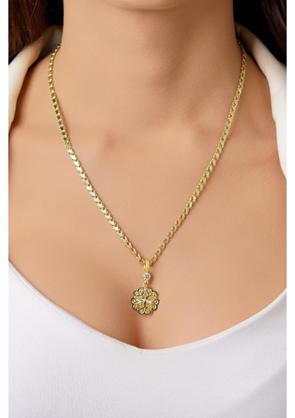 14 Ayar Altın Pullu Zincirde Gül Motifli Telkari Kolye