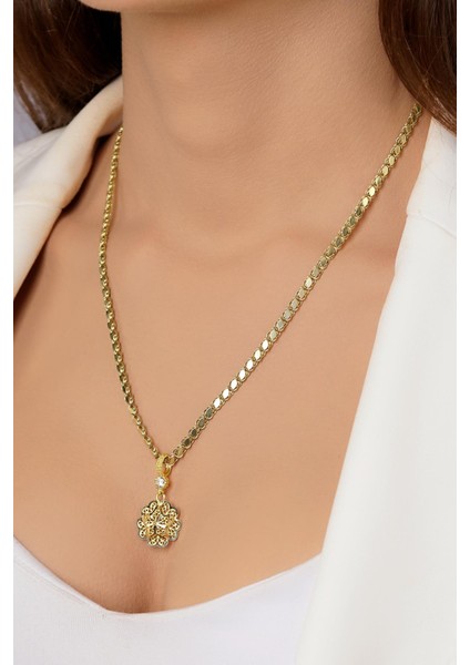 14 Ayar Altın Pullu Zincirde Gül Motifli Telkari Kolye fiyatları