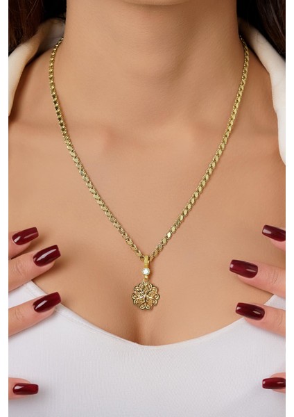 14 Ayar Altın Pullu Zincirde Gül Motifli Telkari Kolye modelleri