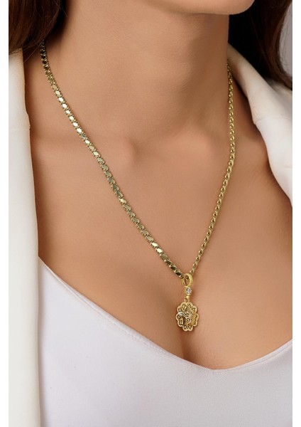 14 Ayar Altın Pullu Zincirde Gül Motifli Telkari Kolye fırsatları