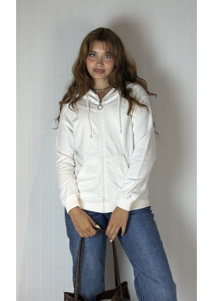 Kadın Kapüşonlu Fermuarlı Cep Detaylı Oversize Hırka Sweatshirt