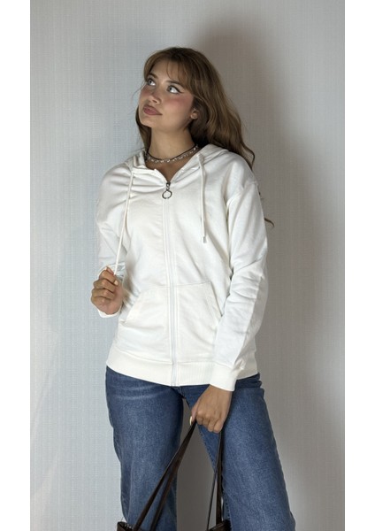 Kadın Kapüşonlu Fermuarlı Cep Detaylı Oversize Hırka Sweatshirt indirimleri