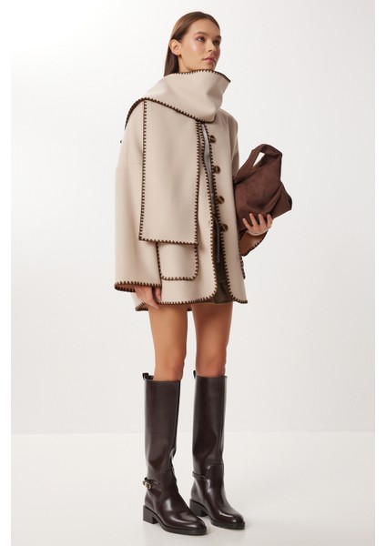 Atkı Detaylı Nakış Işlemeli Kaşe Ceket LNT0015 Bej fiyatları