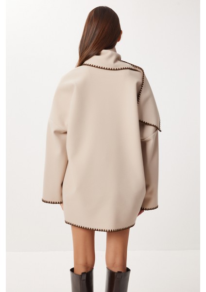 Atkı Detaylı Nakış Işlemeli Kaşe Ceket LNT0015 Bej indirimleri