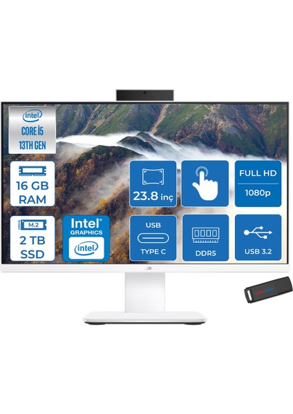V440VAT Intel Core İ5-13420H 16GB Ddr5 2tb SSD 23.8" Fhd 75Hz 250NITS Dokunmatik Freedos Beyaz Allınone Bilgisayar DI58512W0DF04+ZETTAUSBBELLEK