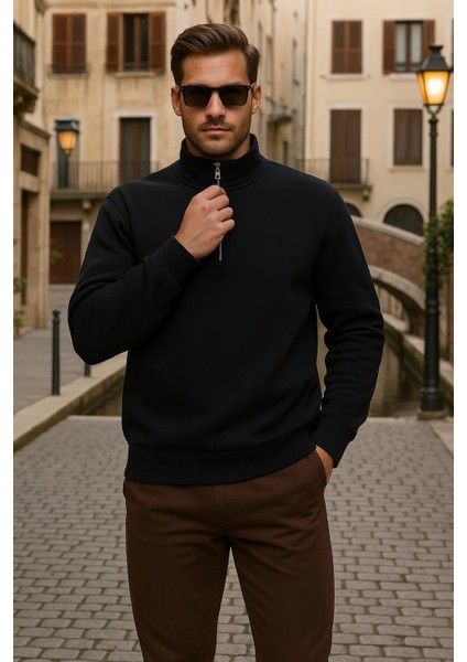 Erkek Kışlık Polo Yaka Siyah Fermuarlı Sweatshirt