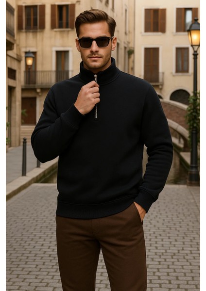 Erkek Kışlık Polo Yaka Siyah Fermuarlı Sweatshirt fiyatları