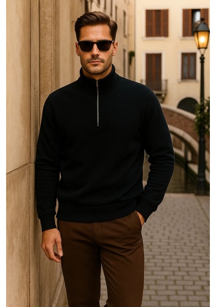 Erkek Kışlık Polo Yaka Siyah Fermuarlı Sweatshirt modelleri
