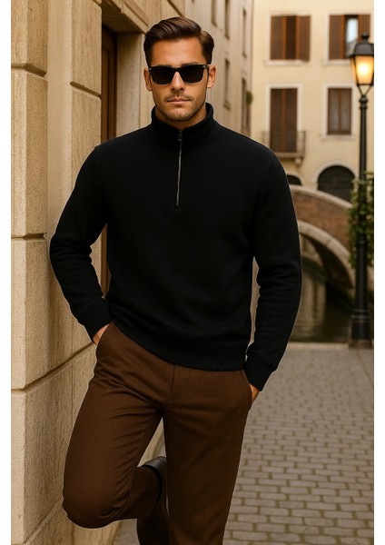 Erkek Kışlık Polo Yaka Siyah Fermuarlı Sweatshirt fırsatları