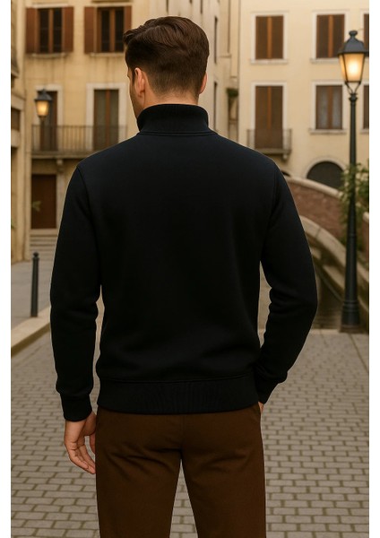 Erkek Kışlık Polo Yaka Siyah Fermuarlı Sweatshirt indirimleri