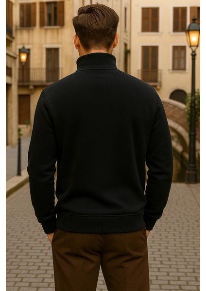 Erkek Kışlık Polo Yaka Siyah Fermuarlı Sweatshirt