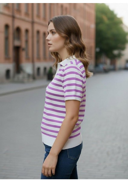 Kadın Çizgili Polo Yaka Triko Bluz – Lila Beyaz – Kısa Kollu – 36-40 Beden Uyumu fiyatları