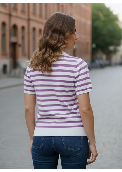 Kadın Çizgili Polo Yaka Triko Bluz – Lila Beyaz – Kısa Kollu – 36-40 Beden Uyumu modelleri